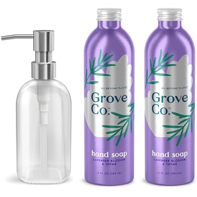 Grove Co. HYDRATING GEL HAND SOAP REFILLS (2 X 13 FL OZ) + 1 X REUSEABLE GLASS SOAP DISPENSER, PLASTIC-FREE & LIQUID REFILLABLE STARTER KIT, NATURAL LAVENDER BLOSSOM & THYME FRAGRANCE - Image 1